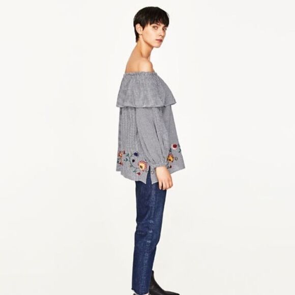 Zara EMBROIDERED GINGHAM  COTTON BLOUSE C15 - Picture 6 of 10